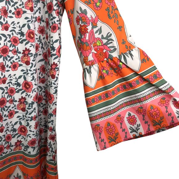 Made With Love Dress Womens M Orange Pink Floral VNeck Bell Sleeve Boho Cover Up - Picture 2 of 8